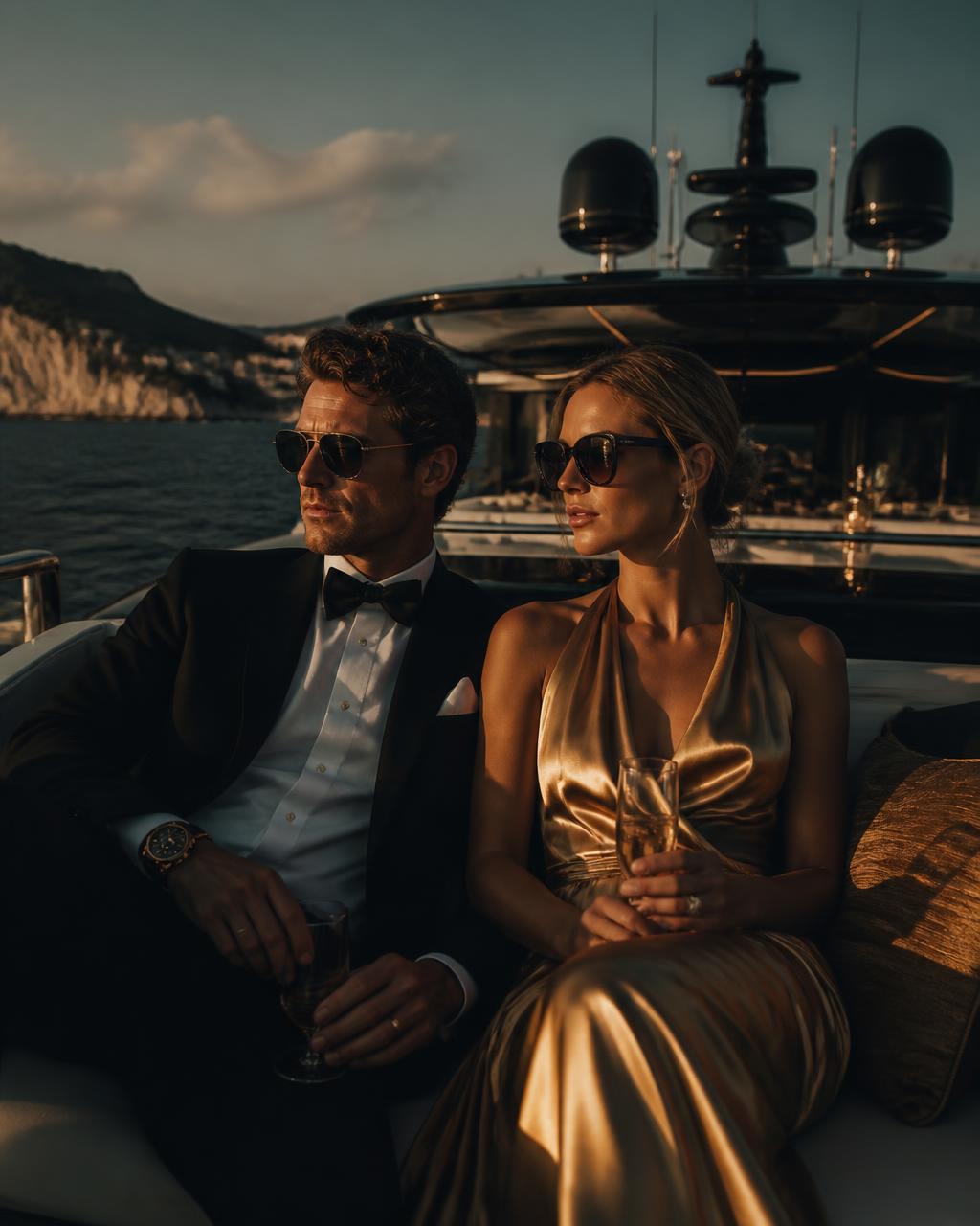 Couple élégant à bord d'un yacht au coucher du soleil