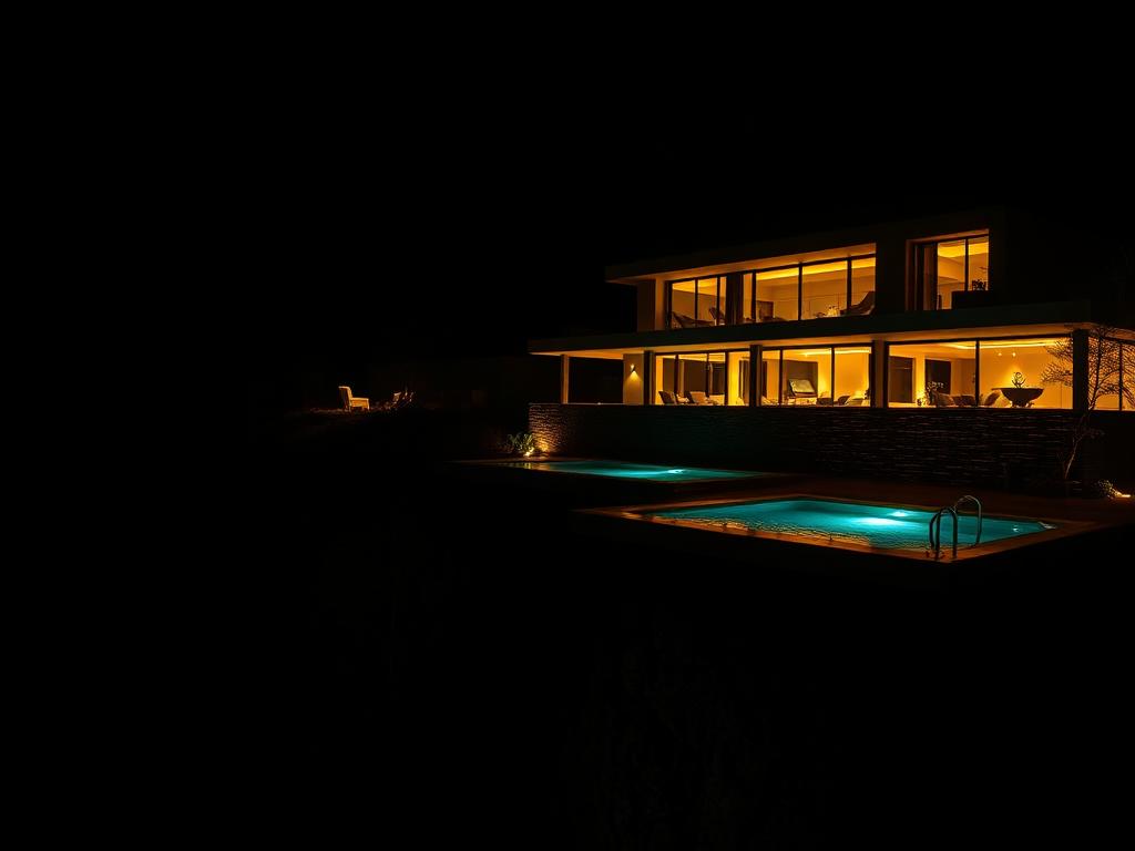 Villa de luxe illuminée la nuit avec piscine à débordement
